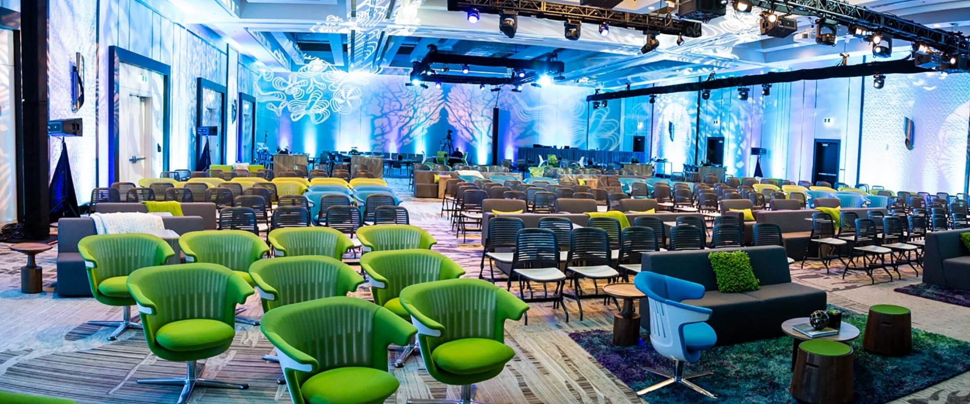 Parq Vancouver grand ballroom with rows of chairs at long tables